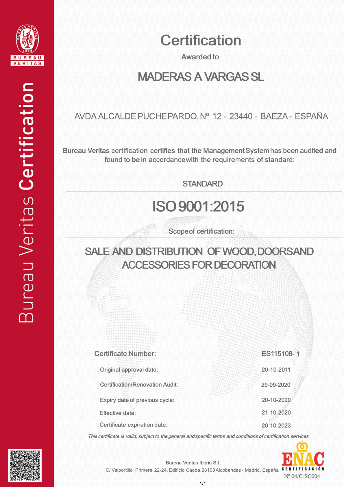 Certificado de calidad de Maderas vargas en Inglés